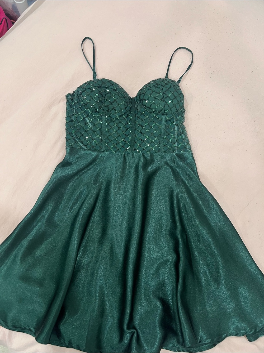 Lulu's Emerald Green Beaded Satin Mini Dress medium